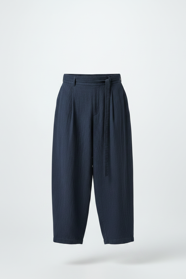 Pantalon Chinois Bleu Marine Ample Coton Lin Ceinturé - vue 3