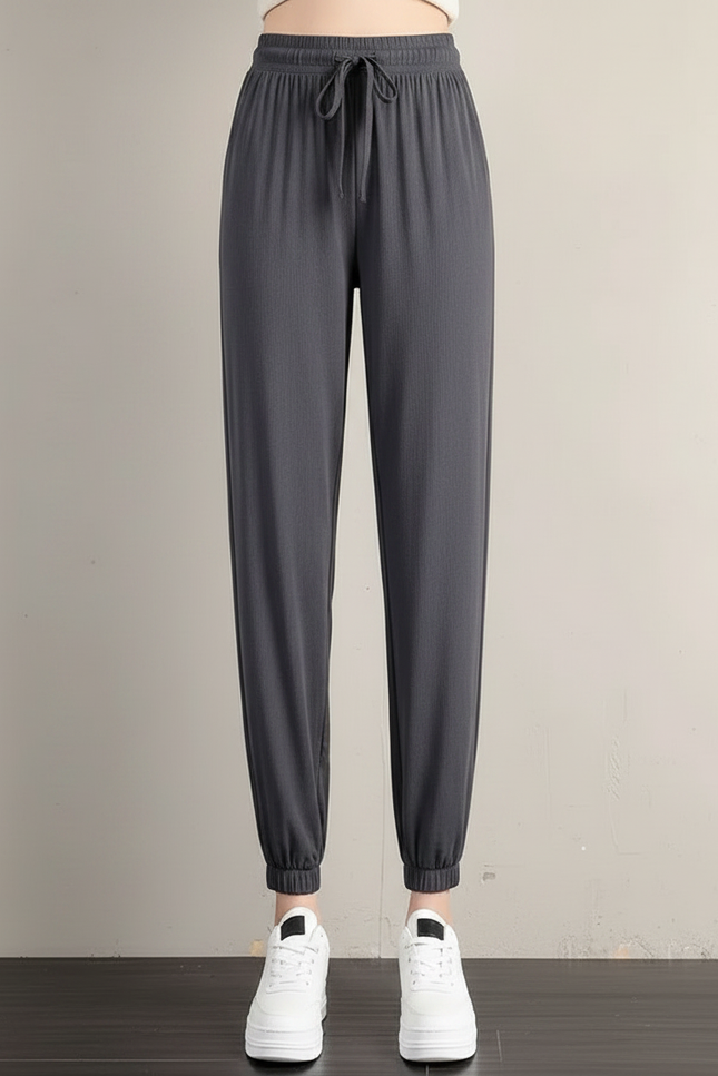Pantalon Chinois Gris Fluide Cordon Chevilles Élastiquées - Maille - vue 3