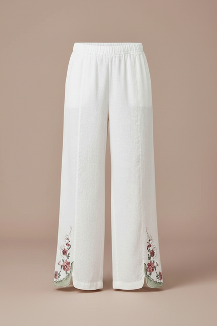 Pantalon Chinois Blanc Brodé Lin Ample Décontracté - vue 3