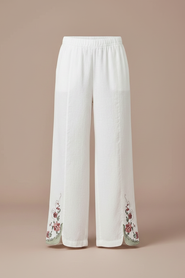 Pantalon Chinois Blanc Brodé Lin Ample Décontracté - vue 3