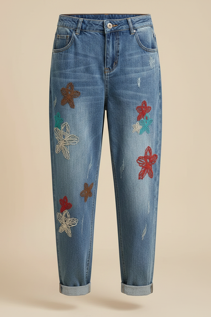 Pantalon Chinois Denim Floral Ample Déchiré Femme - Bleu Jean - vue 3