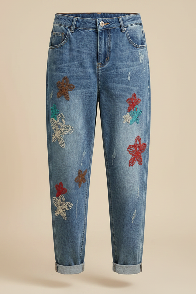 Pantalon Chinois Denim Floral Ample Déchiré Femme - Bleu Jean - vue 3