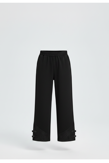 Pantalon Chinois Noir Ample Brodé Boutons Fille - Maille - vue 3