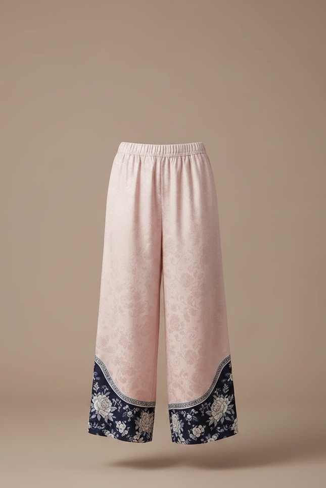 Pantalon Chinois Rose Ample Imprimé Floral Élégant - Satin - vue 3