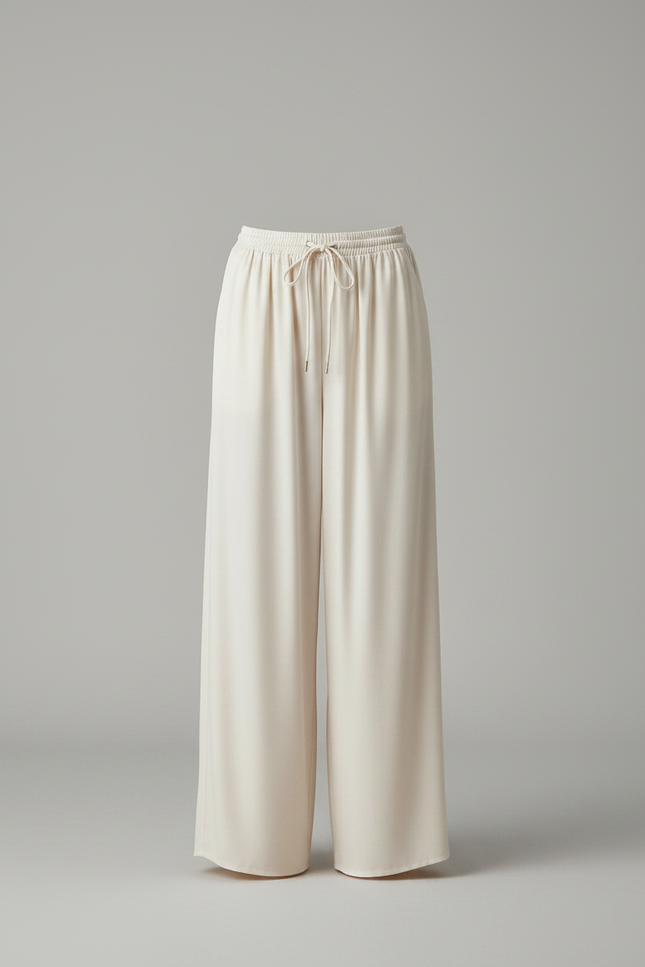 Pantalon Chinois Crème Fluide Soie Ample Femme Élégant - Beige - vue 3