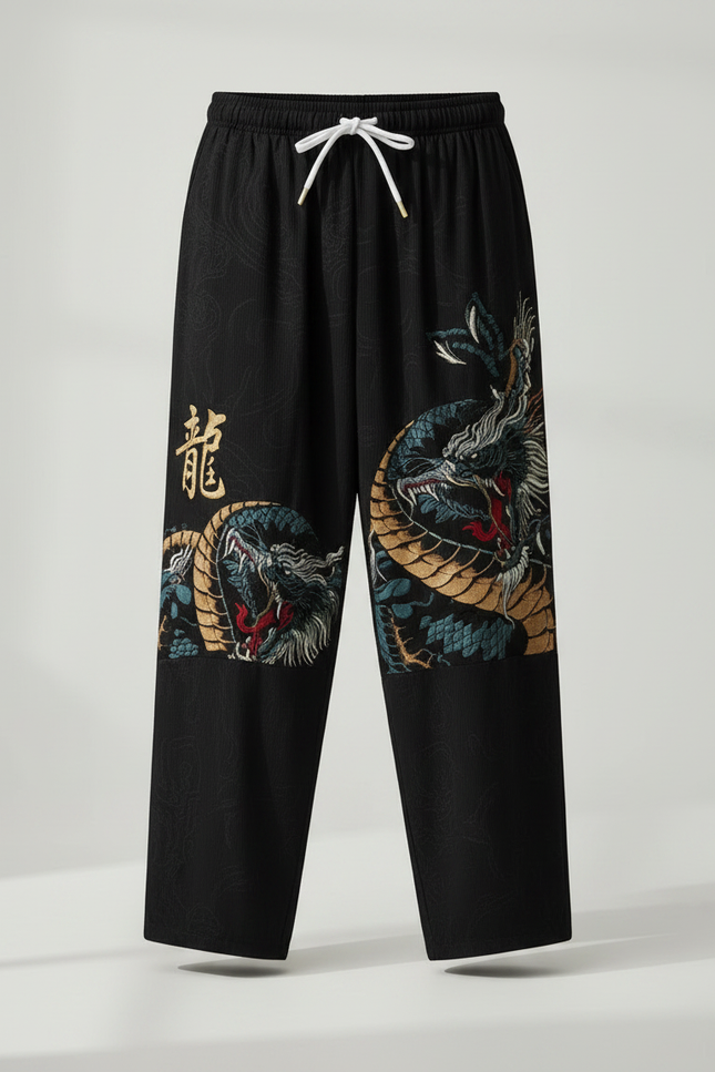 Pantalon Chinois Harem Noir Dragon Décontracté Coton - vue 3