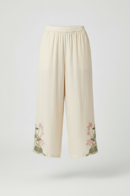 Pantalon Chinois Écru Brodé Floral Ample Femme - Beige Lin - vue 3