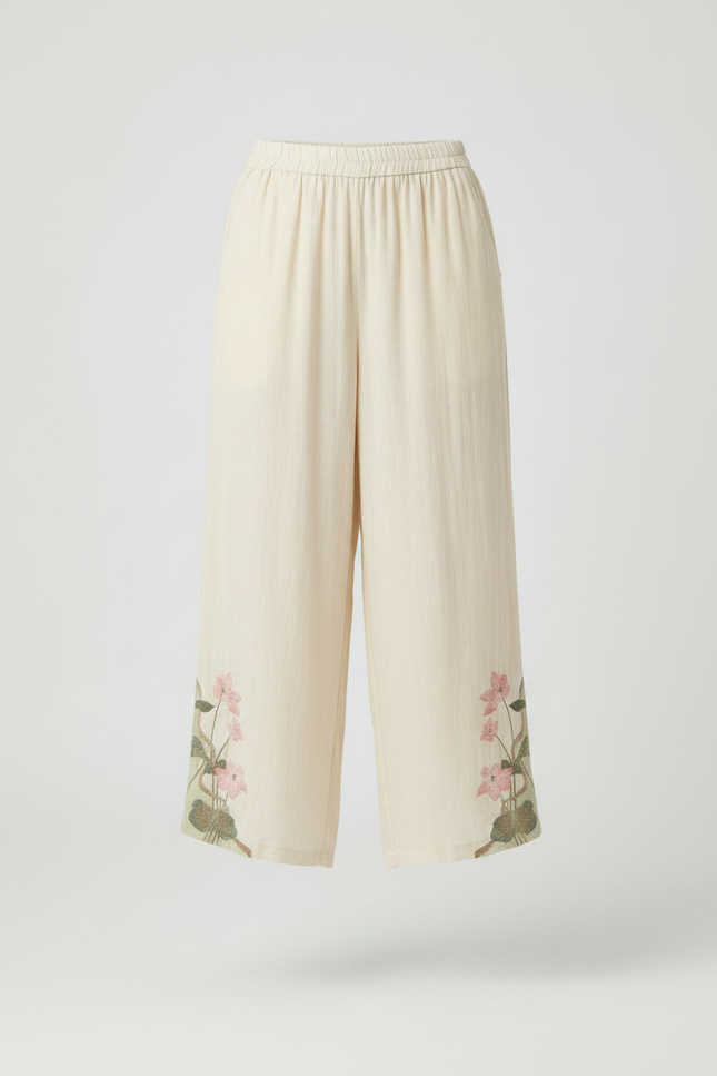 Pantalon Chinois Écru Brodé Floral Ample Femme - Beige Lin - vue 3