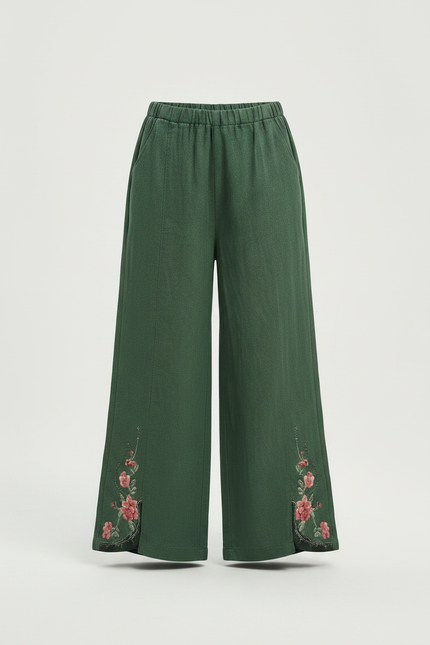 Pantalon Chinois Vert Brodé Ample Fille Décontracté - Lin - vue 3