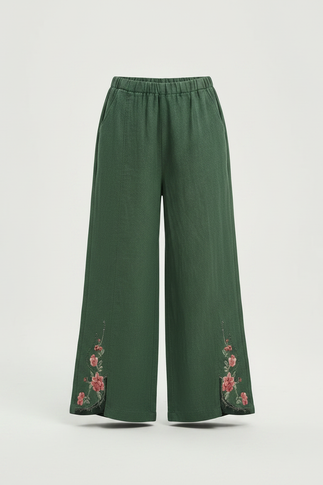 Pantalon Chinois Vert Brodé Ample Fille Décontracté - Lin - vue 3