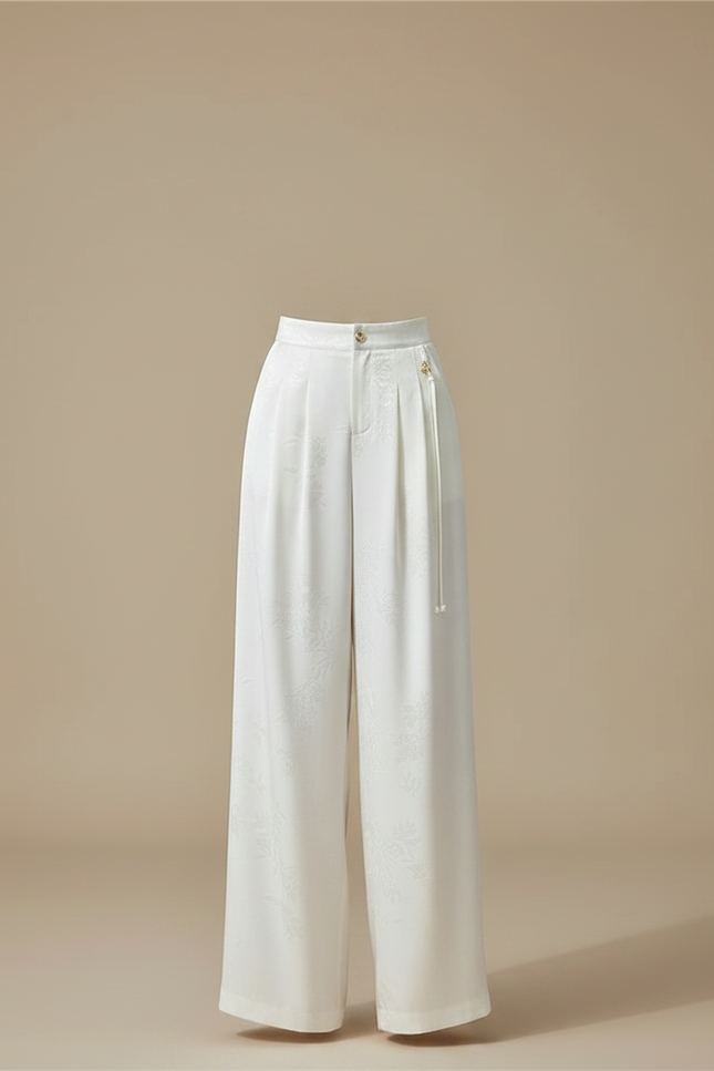 Pantalon Chinois Satin Jacquard Blanc Ample Élégant - vue 3