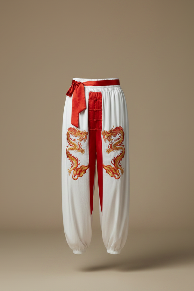Pantalon Chinois Blanc Ample Dragon Brodé Satiné - vue 3