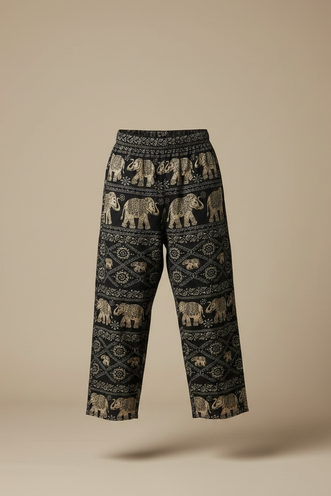 Pantalon Chinois Noir Ample Motifs Éléphants Ethniques - Viscose - vue 3
