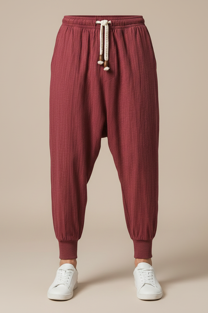 Pantalon Chinois Sarouel Lin Rouge Ample Décontracté Homme - Bordeaux - vue 3