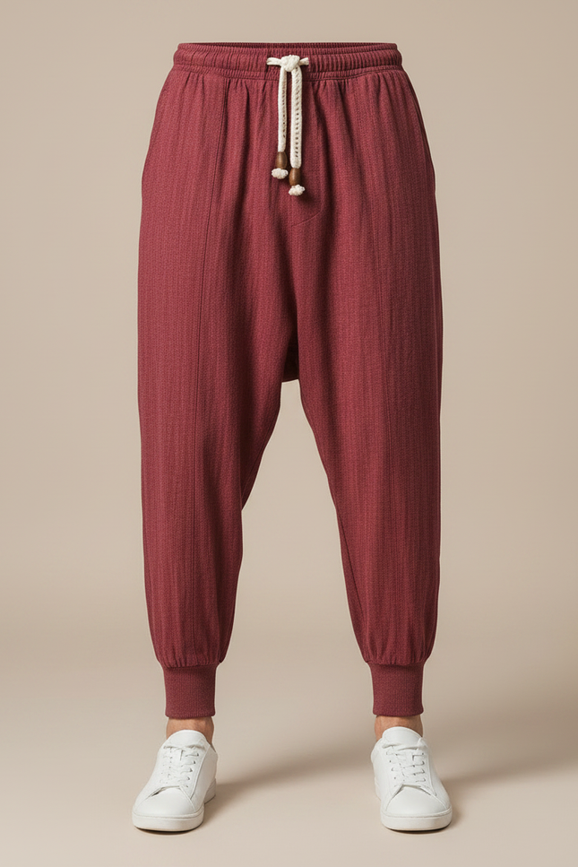 Pantalon Chinois Sarouel Lin Rouge Ample Décontracté Homme - Bordeaux - vue 3