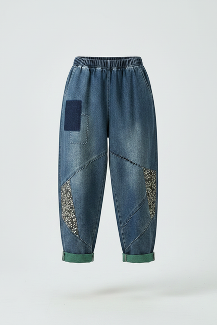 Pantalon Chinois Denim Imprimé Patchwork Ample Femme - Bleu Jean - vue 3