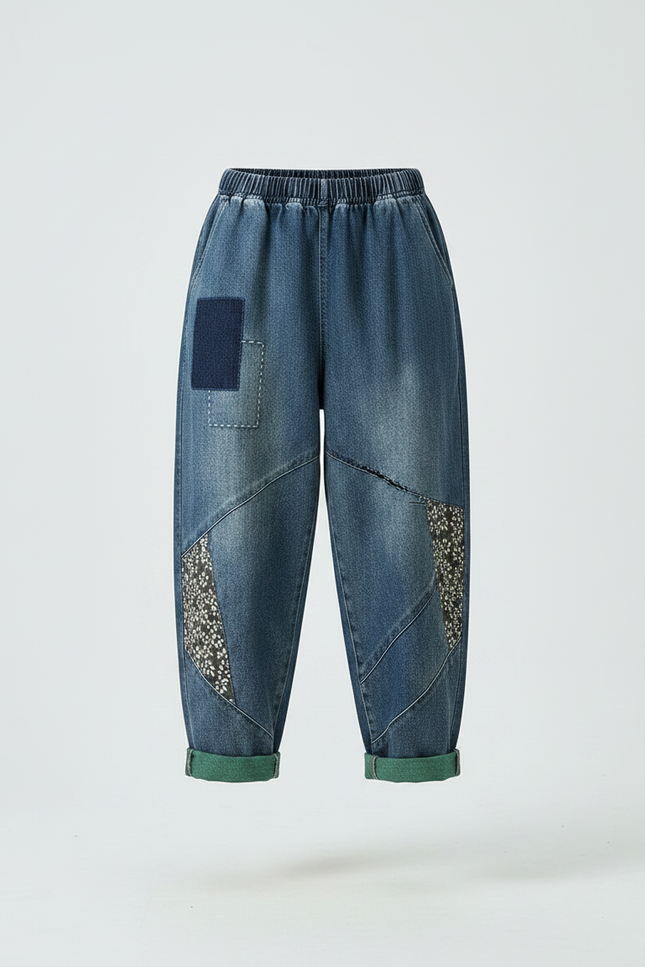 Pantalon Chinois Denim Imprimé Patchwork Ample Femme - Bleu Jean - vue 3