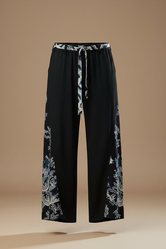 Pantalon Chinois Noir Dragon Ample Fluide Coton Lin - vue 3
