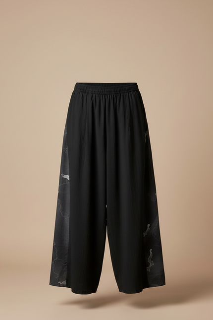 Pantalon Chinois Noir Ample Brodé Style Japonais - Viscose - vue 3