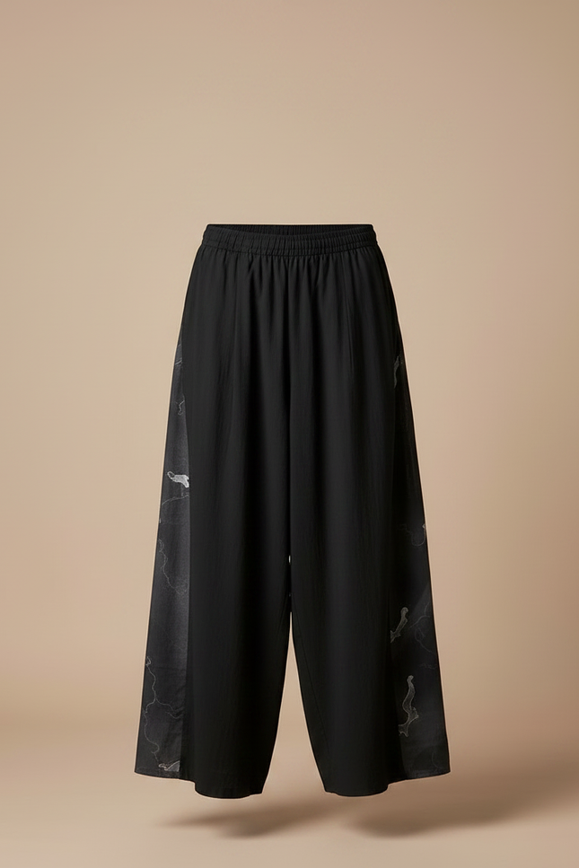 Pantalon Chinois Noir Ample Brodé Style Japonais - Viscose - vue 3