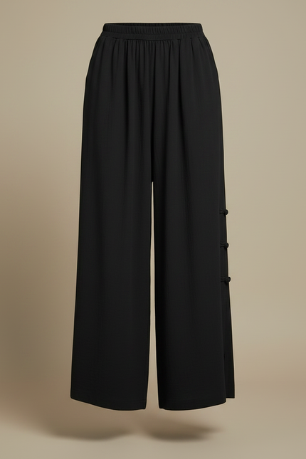 Pantalon Chinois Noir Ample Taille Haute Fendu - Viscose - vue 3