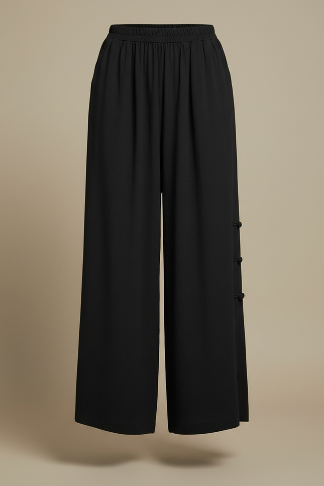 Pantalon Chinois Noir Ample Taille Haute Fendu - Viscose - vue 3
