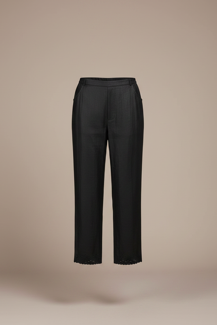 Pantalon Chinois Noir Brodé Coupe Droite Femme Soie Fluide - vue 3
