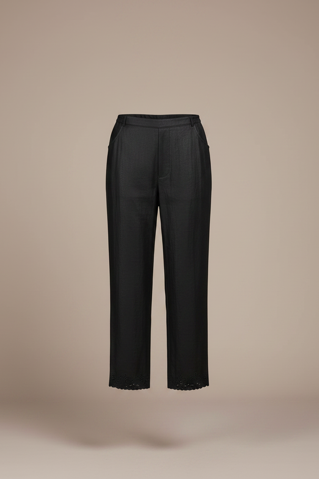Pantalon Chinois Noir Brodé Coupe Droite Femme Soie Fluide - vue 3