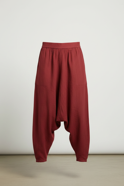 Pantalon Chinois Rouge Harem Lin Ample Décontracté Fluide - Bordeaux - vue 3