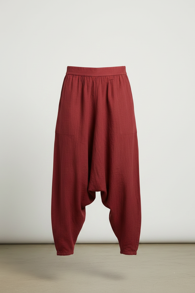 Pantalon Chinois Rouge Harem Lin Ample Décontracté Fluide - Bordeaux - vue 3