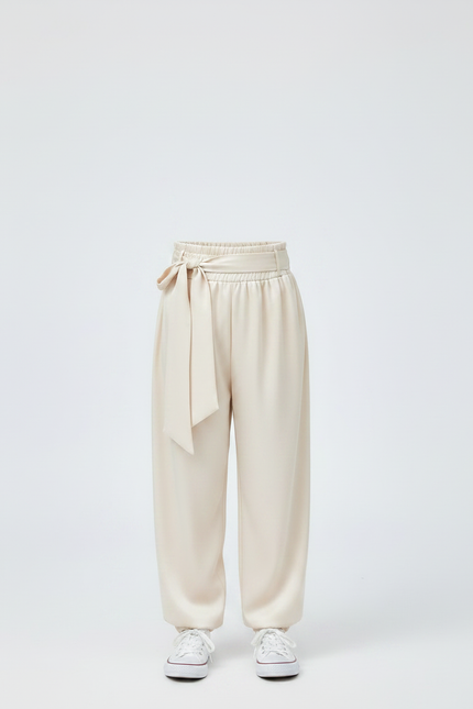 Pantalon Chinois Crème Satiné Ample Ceinturé Casual - Beige - vue 3