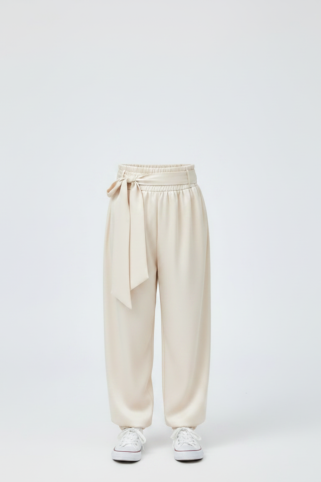 Pantalon Chinois Crème Satiné Ample Ceinturé Casual - Beige - vue 3