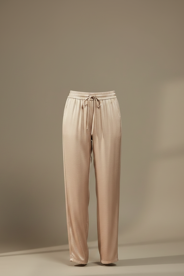 Pantalon Chinois Satin Beige Fluide Ample Élégant Femme - vue 3