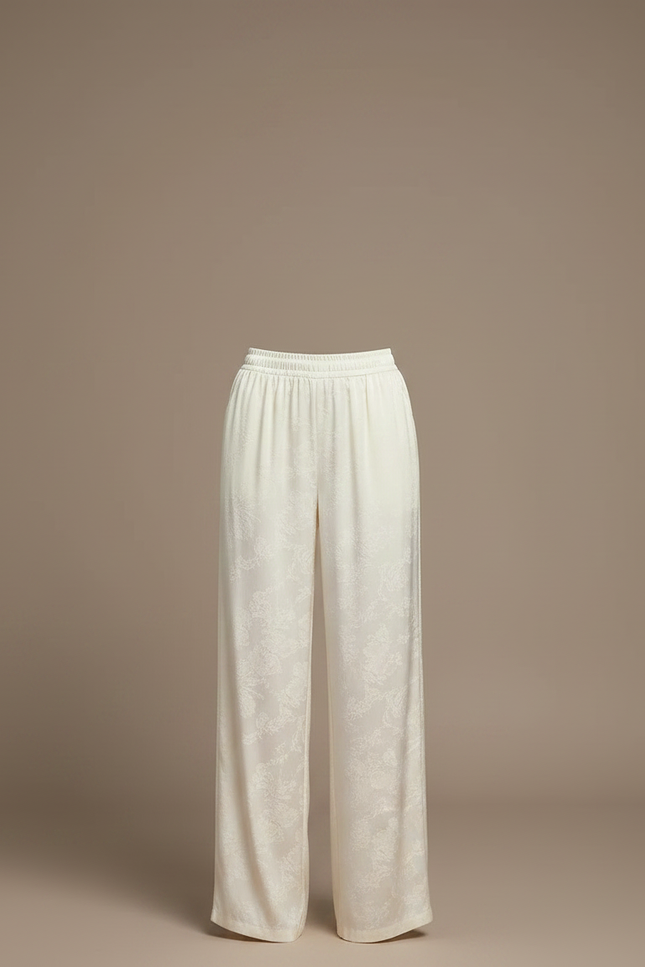 Pantalon Chinois Crème Satin Fluide Ample Imprimé Élégant - Beige - vue 3