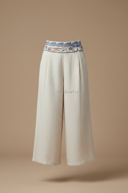 Pantalon Chinois Écru Brodé Ample Lin Fluide - Beige - vue 3