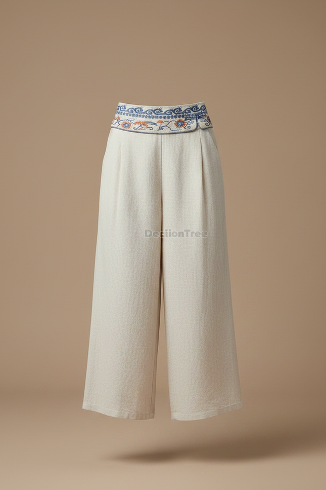 Pantalon Chinois Écru Brodé Ample Lin Fluide - Beige - vue 3