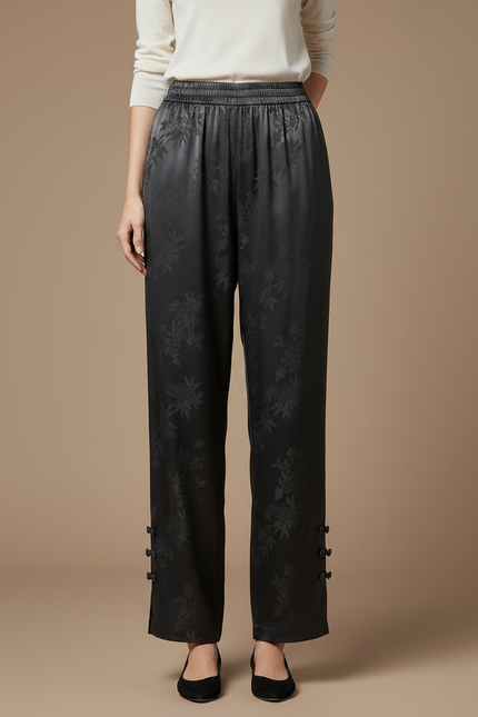 Pantalon Chinois Satin Noir Jacquard Ample Élégant - vue 3