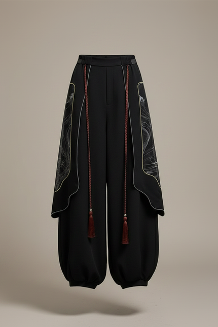 Pantalon Chinois Noir Ample Motifs Dragon Hanfu - Polyester - vue 3
