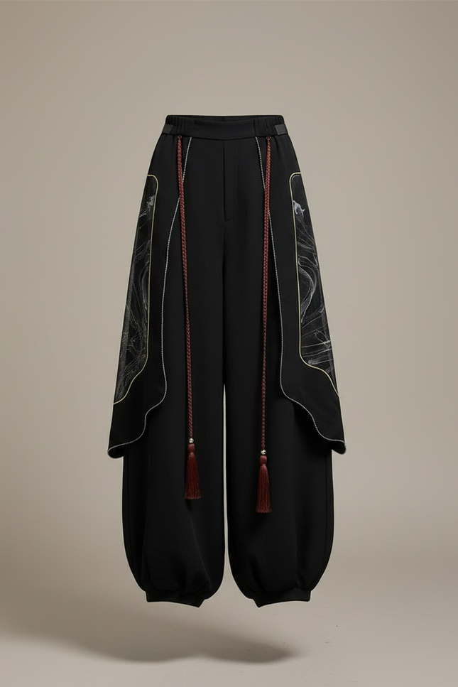 Pantalon Chinois Noir Ample Motifs Dragon Hanfu - Polyester - vue 3