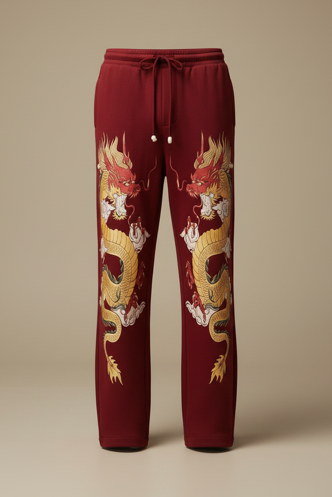 Pantalon Chinois Rouge Dragon Ample Cordon Décontracté - Bordeaux Molleton - vue 3