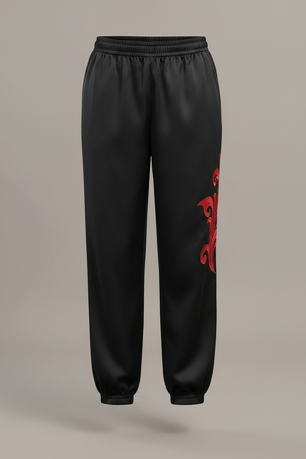 Pantalon Chinois Noir Satiné Ample Brodé Rouge - vue 3