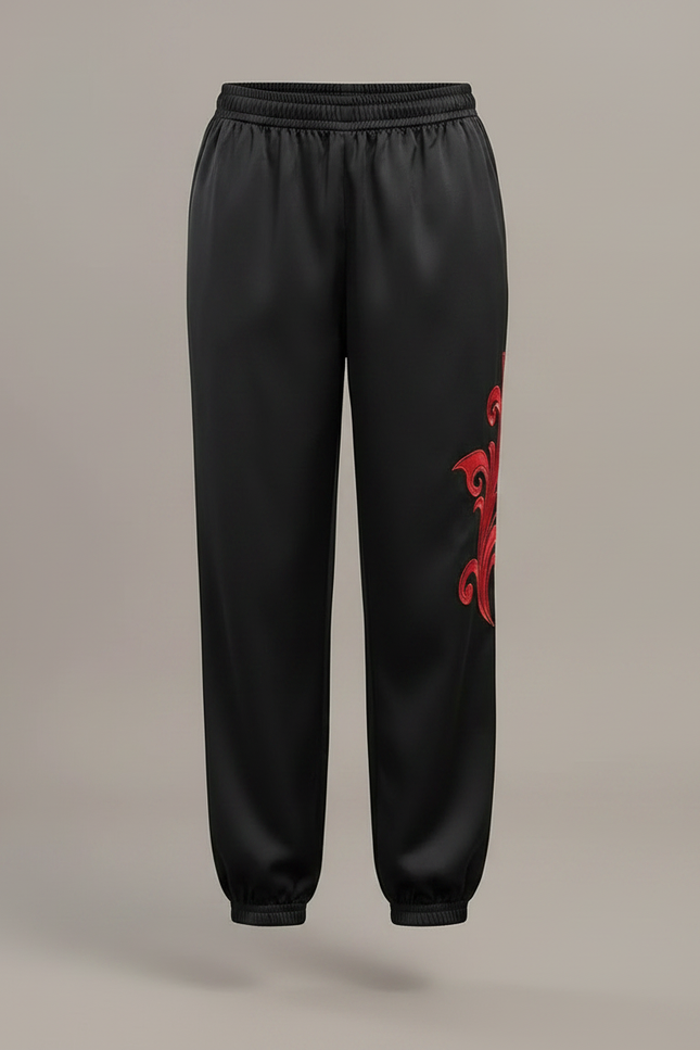 Pantalon Chinois Noir Satiné Ample Brodé Rouge - vue 3