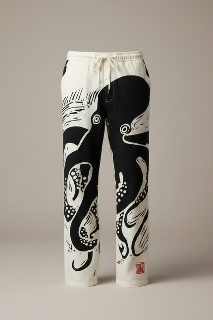 Pantalon Chinois Blanc Noir Ample Octopus Cordon - Imprimé Coton - vue 3