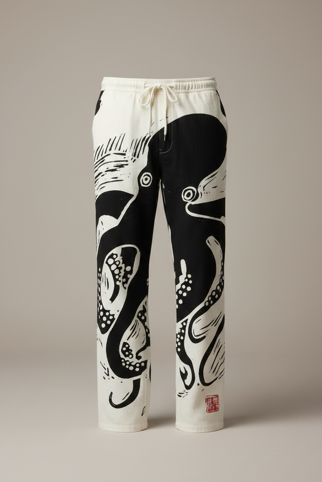 Pantalon Chinois Blanc Noir Ample Octopus Cordon - Imprimé Coton - vue 3