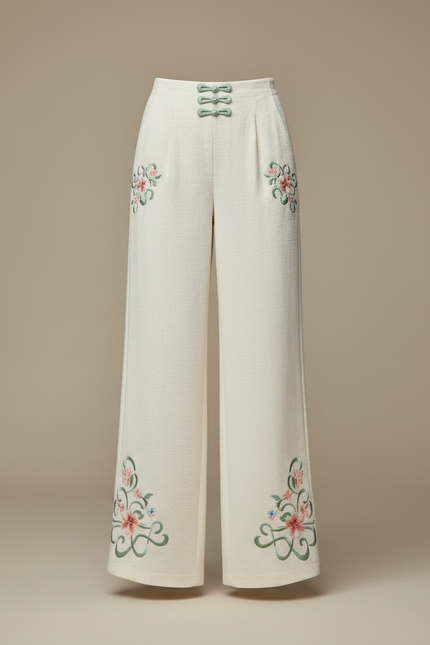 Pantalon Chinois Crème Brodé Floral Ample Élégant - Beige Tweed - vue 3
