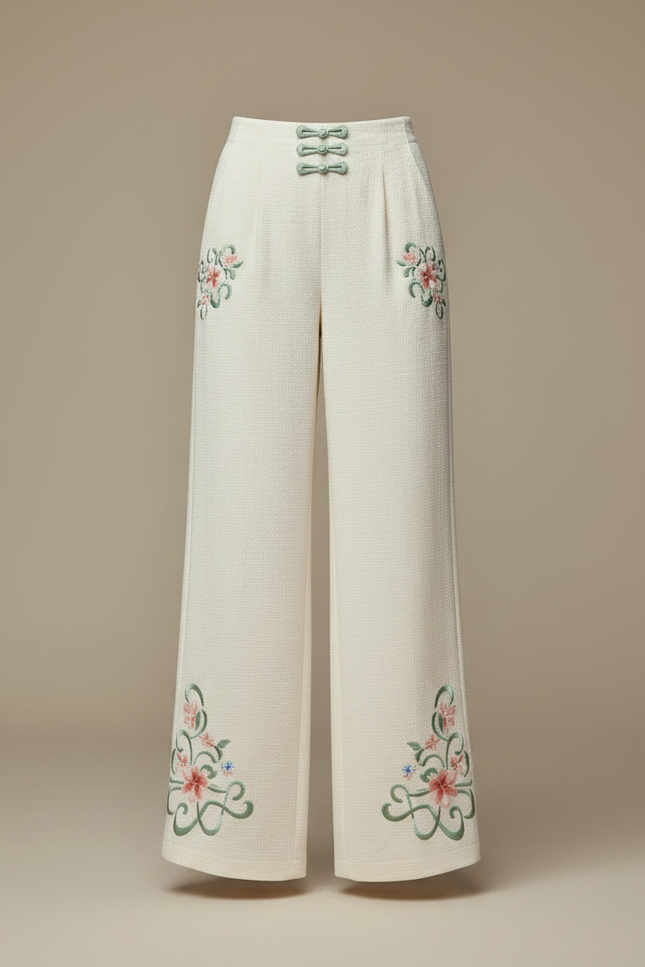 Pantalon Chinois Crème Brodé Floral Ample Élégant - Beige Tweed - vue 3