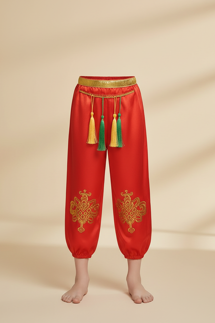 Pantalon Chinois Rouge Satiné Brodé Ample Tassels Enfant - vue 3