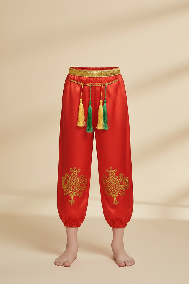 Pantalon Chinois Rouge Satiné Brodé Ample Tassels Enfant - vue 3