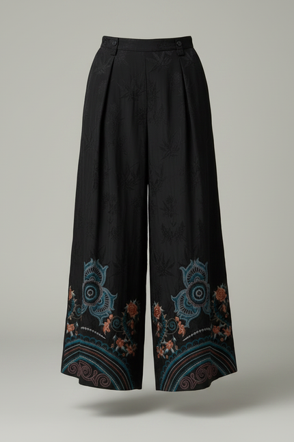 Pantalon Chinois Noir Brodé Ethnique Ample Fluide - Viscose - vue 3