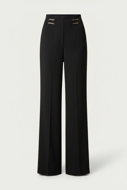 Pantalon Chinois Noir Ample Taille Haute Boutons Dorés Femme - Viscose - vue 3